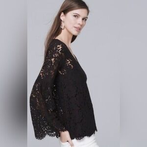NWT WHBM XS Black V-Neck Lace Blouse with Bell Sleeves 
Orig $90